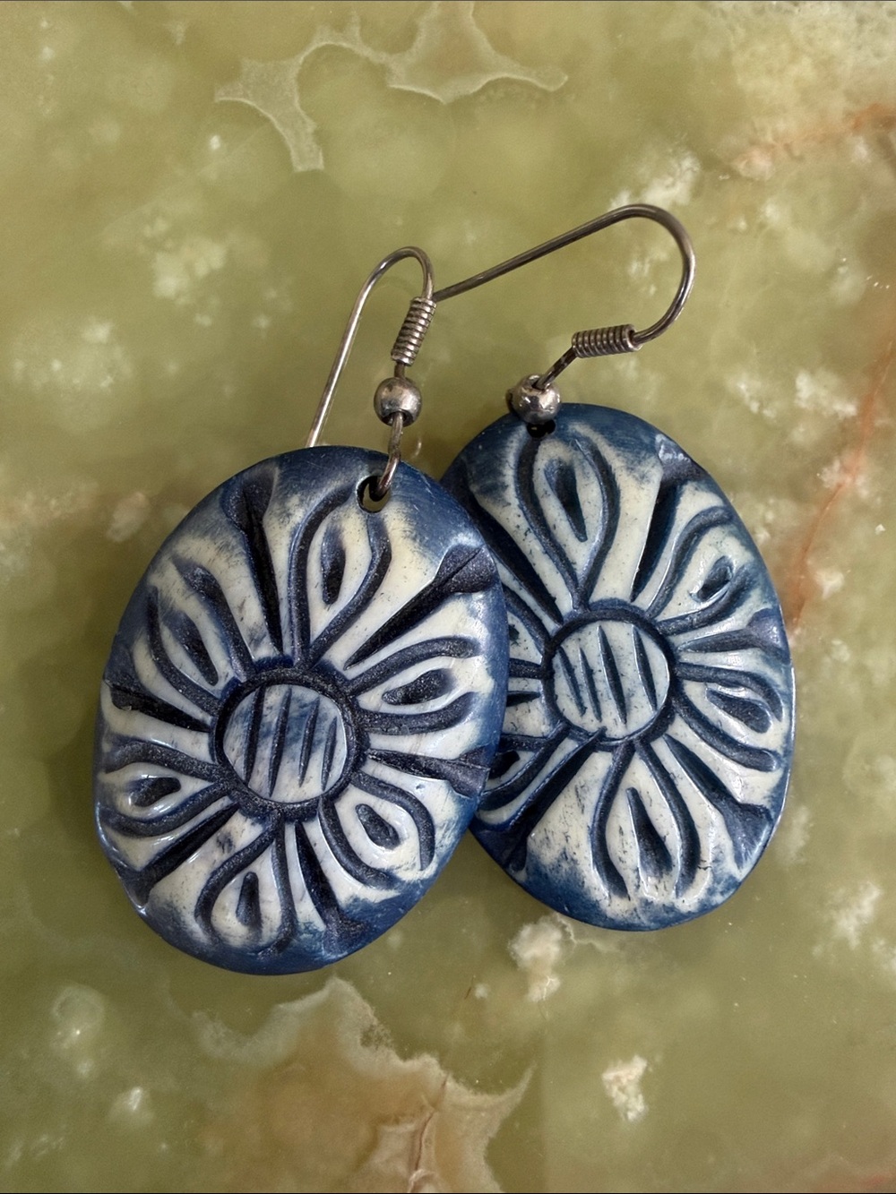 Blue and White Floral Oval Drop Earrings